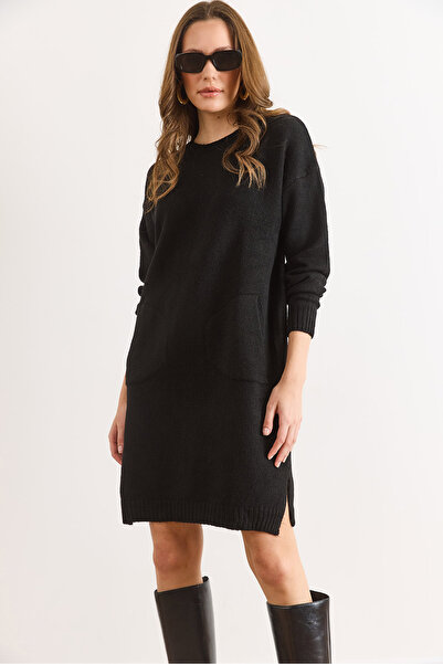 Olalook Women's Black Kangaroo Pocket Slit Knitwear Tunic Dress Elb-19002550