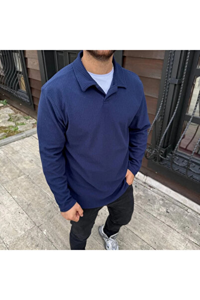 Exbob Men's Corded Fabric Fleece Sweatshirt – Buttonless Polo Collar, Oversized Comfortable Fit, Thick Fleece Fabric,