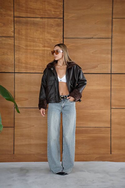 VESS MODA Καφέ γυναικείο δερμάτινο παλτό με πλήρη επένδυση από μεταξωτό μαλλί