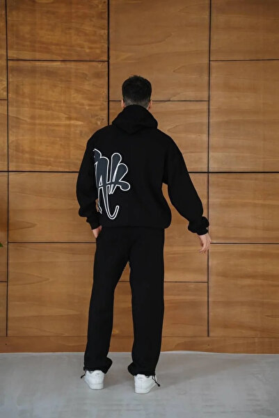 GökTR Men's Hooded Tracksuit Set Graffiti Printed Oversized Comfortable Fit, Kangaroo Pocket, Streetwear