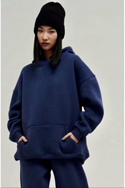 SELENA BUTİK Unisex Hooded Pocket Navy Blue Plain Sweatshirt