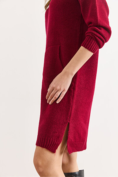Olalook Women's Burgundy Kangaroo Pocket Slit Knitwear Tunic Dress Elb-19002550