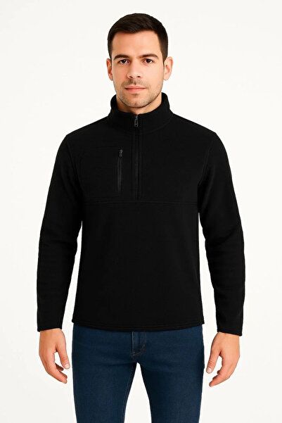 GökTR Men's Fleece Sweater – Stand Collar, Half Zipper, Zippered Chest Pocket, Black Trim, Winter