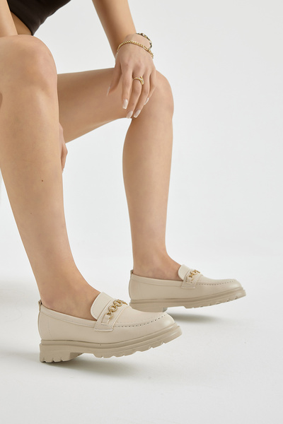 Tonny Black Women's Beige Thick Poly Sole Casual Loafer with Chain Accessories