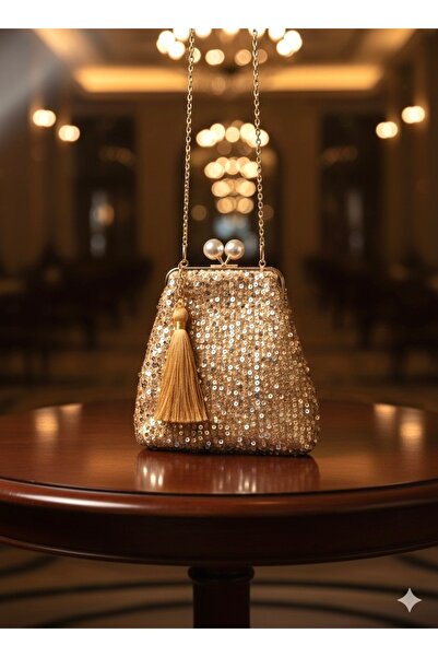 Home 18X18 Size Sequin Evening Bag – Chain Strap, Pearl Buckle, Gold Color 100% Handmade