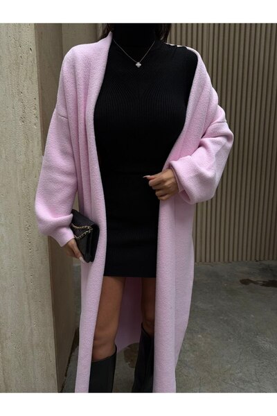 LE CARAMBOLE Women's Pink Low Sleeve Long Knitwear Cardigan