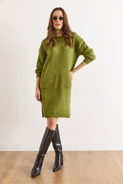 Olalook Women's Green Kangaroo Pocket Slit Knitwear Tunic Dress Elb-19002550