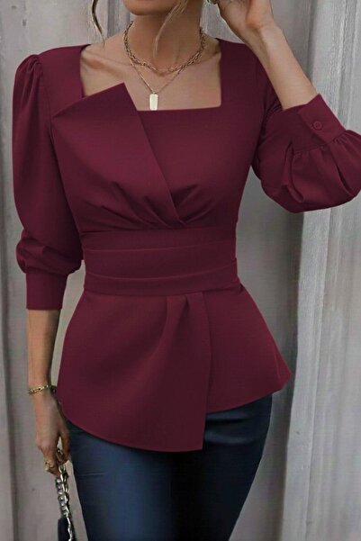 Mossta Gemetrik Collar Waist-Sitting Imported Crepe Blouse - Burgundy