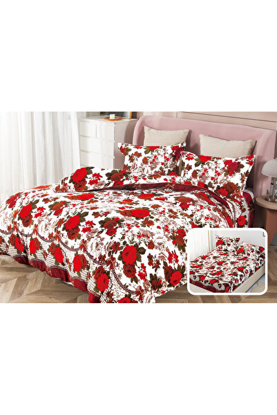 trendyhome Double Bed Linen with Elastic, Cocolino Fluffy Material, Roses, Red/White, i14035-Elastic