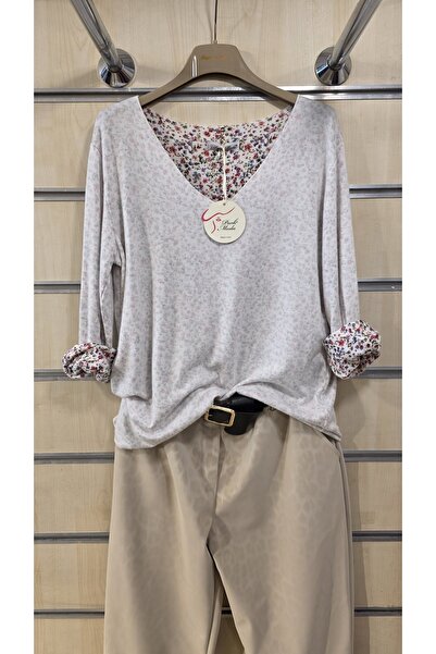 Park Moda Soft Textured Thin Sweater with Floral Pattern Inside