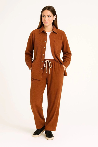 GökTR Women's Velvet Oversized Set – Shirt and Pants Two-Piece Set Smoked Corduroy Elegance, Comfortable
