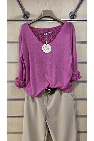 Park Moda Soft Textured Thin Sweater with Floral Pattern Inside