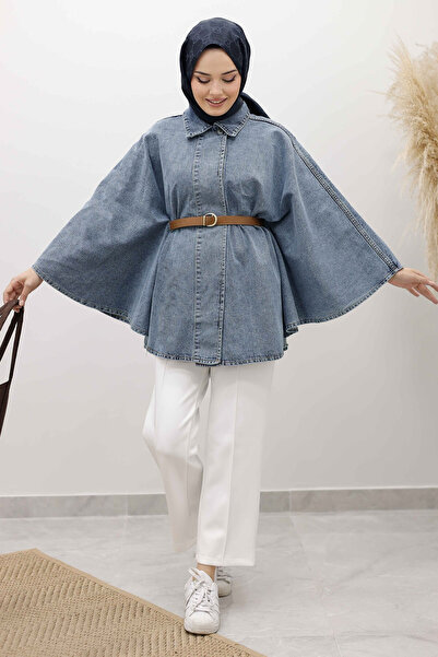 Tesettür Dünyası Belted Denim Poncho Tsd250256 Light Blue