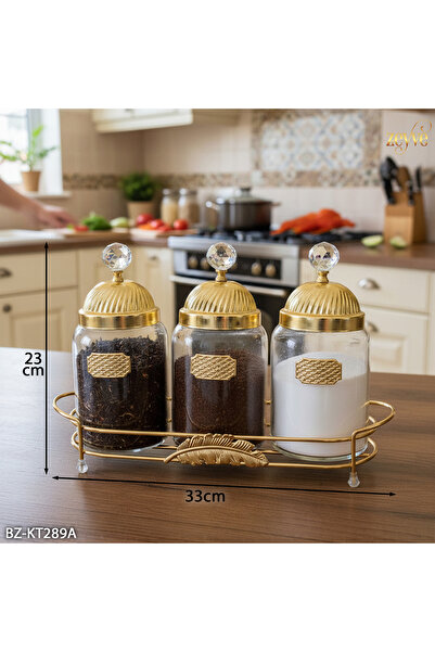 Hinora Yaprak Model Glass 3-Piece Tray Spice Rack Set 33X23X11Cm