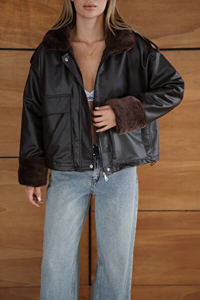 VESS MODA Καφέ γυναικείο δερμάτινο παλτό με πλήρη επένδυση από μεταξωτό μαλλί