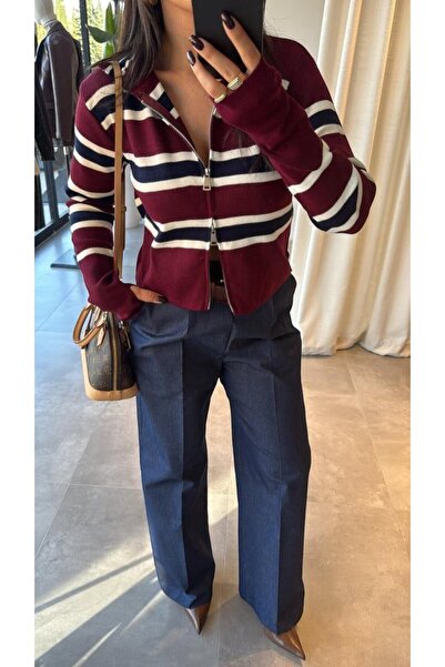 MODAMERSİ Women's Burgundy Striped Zipper Detailed Knitwear Cardigan