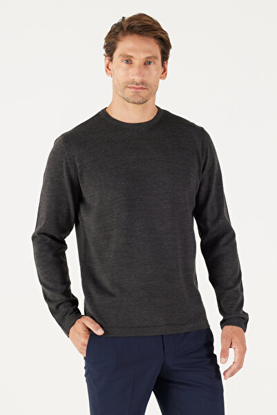 AC&Co / Altınyıldız Classics Anthracite-Melange Standard Fit Regular Cut Warm Crew Neck Knitwear Sweater
