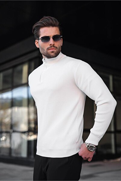 Madmext Λευκό πουλόβερ με μισό φερμουάρ ψηλός λαιμός Ανδρικό πλεκτό πουλόβερ 7442