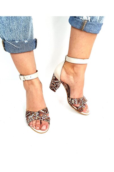 Catinca Shoes Women's genuine leather sandals – Beige with Brown Traditional Pattern – S 4 BMTM