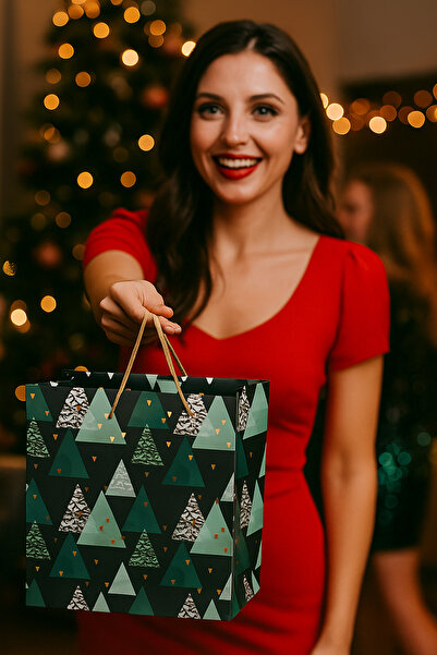 DODOMAR 21×24×12 cm Çam Ağaçlı Shapes B4 Lüks Yılbaşı Hediyelik Karton Çanta