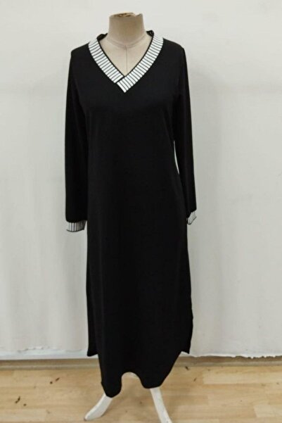 Mossta V-Neck Slit Viscose Two Thread Dress - Black