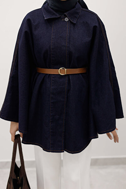 Tesettür Dünyası Belted Denim Poncho Tsd250256 Dark Blue