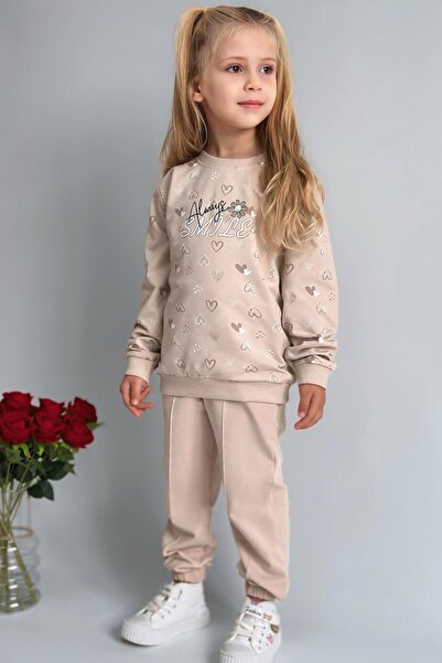 Breeze Girl's Sweatshirt Heart Patterned Text Printed 1.5-5 Years Old, Beige