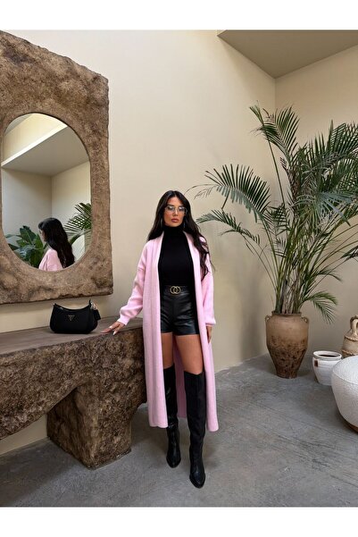 LE CARAMBOLE Women's Pink Low Sleeve Long Knitwear Cardigan