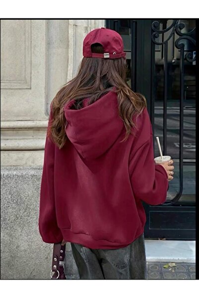 SELENA BUTİK Unisex Hooded Burgundy Sweatshirt with Pockets