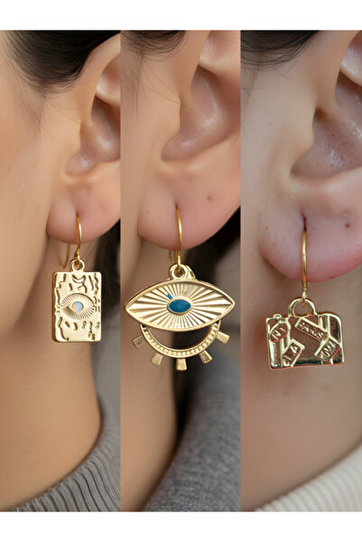 TURBİJ طقم أقراط نسائية من مجموعة سيمبول مكون من 3 قطع على شكل عين تركواز