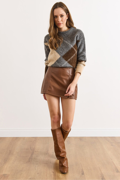 Olalook Γυναικεία Taba Mini άνοιγμα Μίνι φούστα από συνθετικό δέρμα με σορτς ETK-19000375