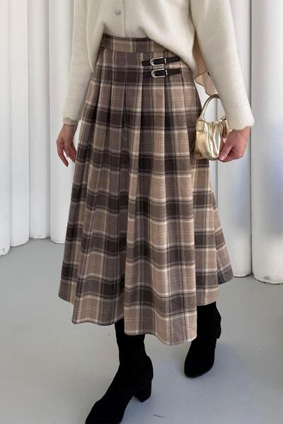 Modaensarbutik Toka Detaylı Ekose Pileli Verev Etek-VİZON