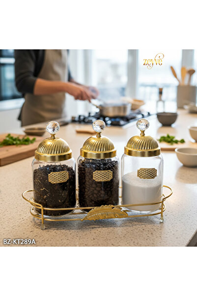 Hinora Yaprak Model Glass 3-Piece Tray Spice Rack Set 33X23X11Cm