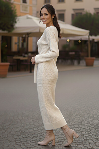 benguen Πλεκτό φόρεμα με δικτυωτό σχέδιο μπακλαβά R4454 Χρώμα πέτρας