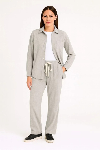 GökTR Women's Velvet Oversized Set – Shirt and Pants Two-Piece Set Smoked Corduroy Elegance, Comfortable