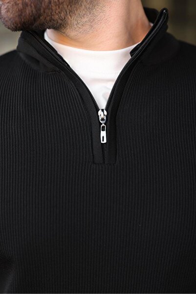 Madmext Black Half Zipper Mock Neck Men's Knitwear Sweater 7442