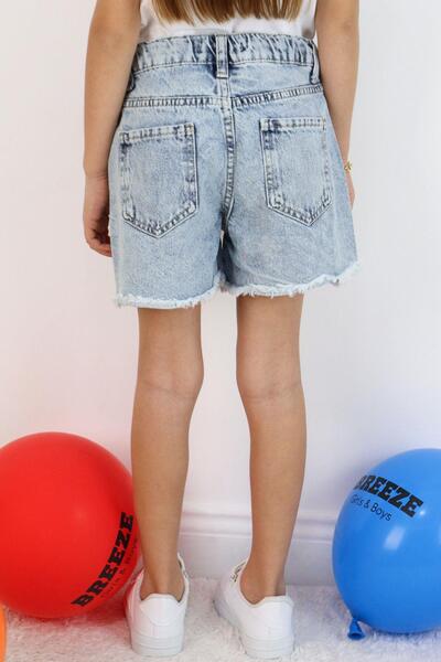 Breeze Κοριτσίστικο σορτς τζιν με κέντημα μαργαρίτα και λεπτομέρεια με φούντα στο πόδι, ηλικία 5-9 ετών, γαλάζιο