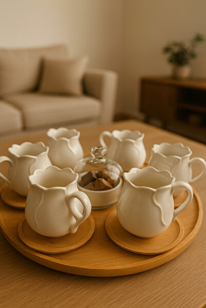 CEZVE HOME 6-Piece Coffee Cup Set in Rose Shape with Bamboo Rotating Stand and Turkish Delight Holder Detail