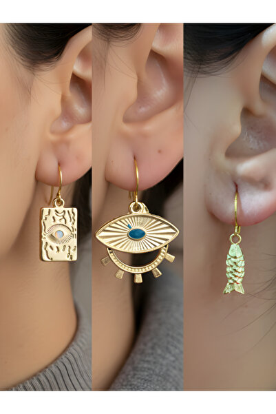 TURBİJ طقم أقراط نسائية من ثلاث قطع بتصميم سمكة العين التركوازية