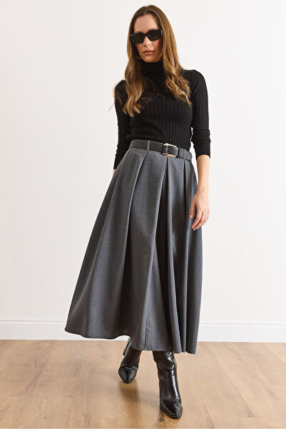 Olalook Women's Anthracite Belted Zippered Maxi Pleated Skirt Etk-19000377