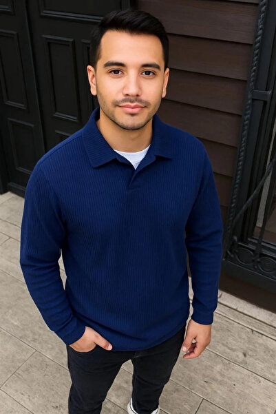 Exbob Men's Corded Fabric Fleece Sweatshirt – Buttonless Polo Collar, Oversized Comfortable Fit, Thick Fleece Fabric,