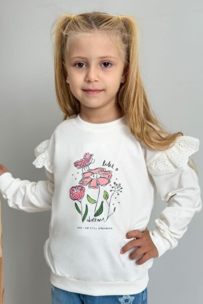 Breeze Girl's Sweatshirt with Floral Embroidery Detail on the Shoulders, Flower Printed 2-6 Years, Ecru