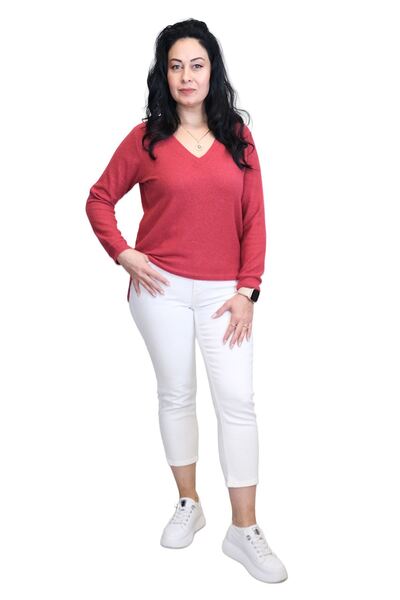 Blues Outlet Women's V-Neck Yumoş Buluz Sweater-Red