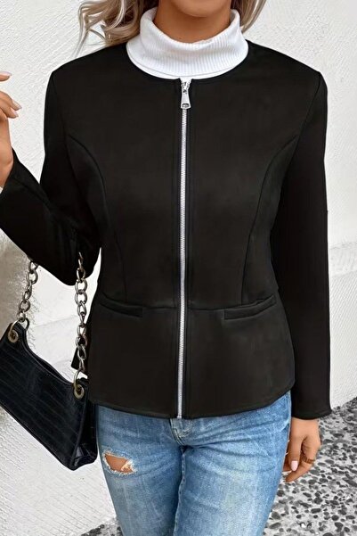 Mossta Round Neck Zippered Suede Jacket - Black
