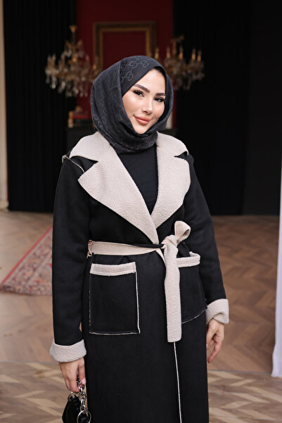 İmajButik Black Double-Breasted Collar Fur Lined Suede Coat