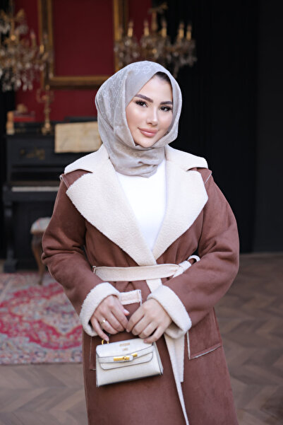 İmajButik Taba διπλό πέτο Παλτό από σουέτ με γούνα στο εσωτερικό του γιακά