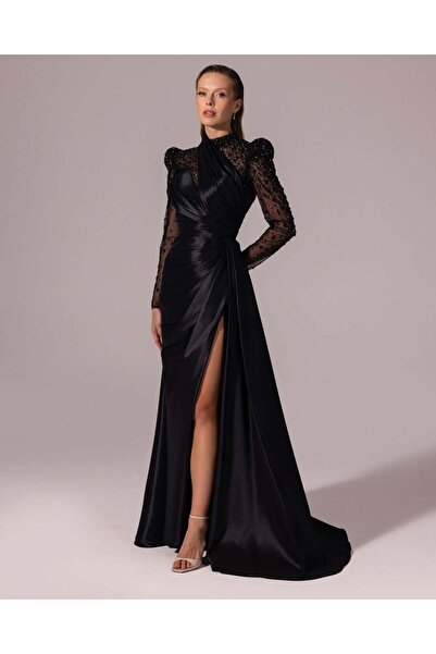 Kenzel Işıltılı Şifon ve Tül Detaylı Yırtmaçlı Abiye Elbise