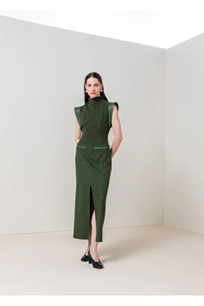 KAMEYA High Collar Draped Green Dress