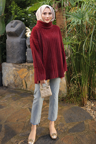 İmajButik Σκούρο μπορντό ζιβάγκο casual από μαλακό πλεκτό τούνικ από ανγκόρα
