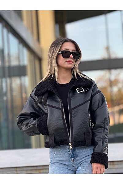 MİS MODA комбинирано кожено палто с кожа